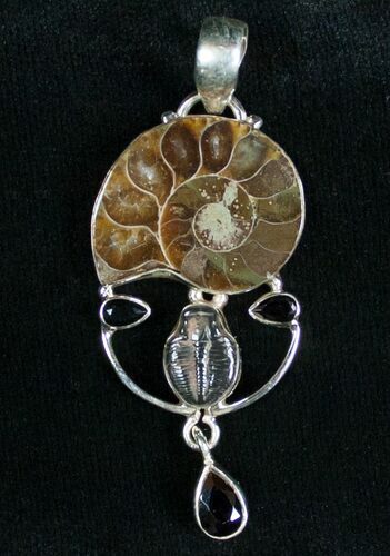 Ammonite + Trilobite Pendant - Sterling Silver #7049